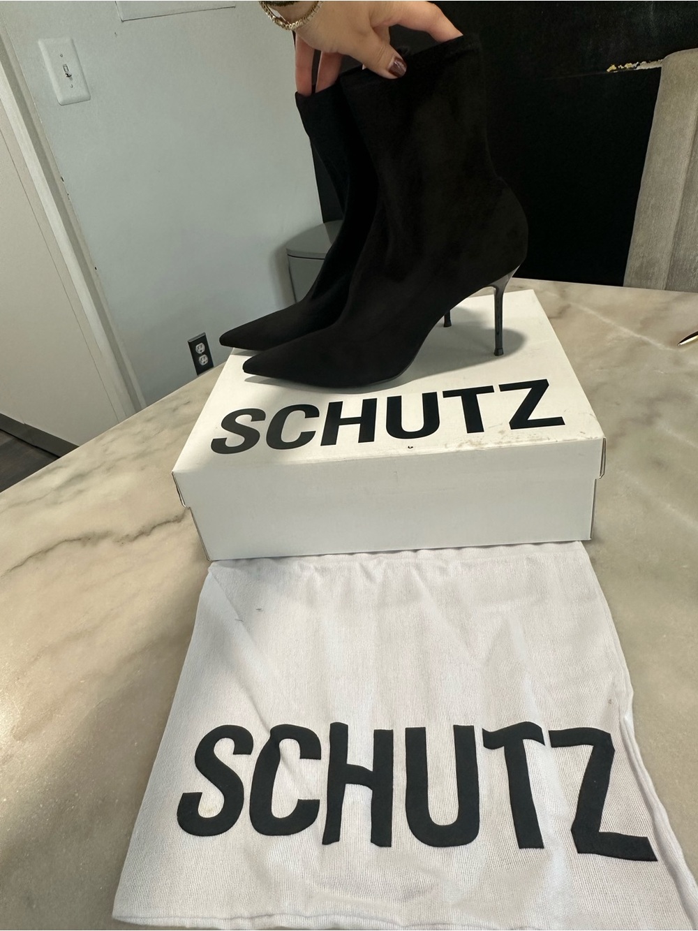 SCHUTZ Black Pointed Toe Stiletto Sock Boots